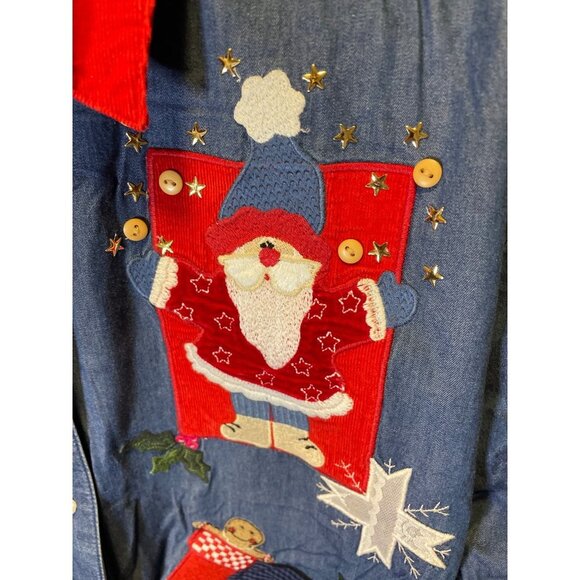 Karen Scott Blue Denim Holiday Embroidered Collared Long Sleeve Button Up Shirt - Picture 6 of 8